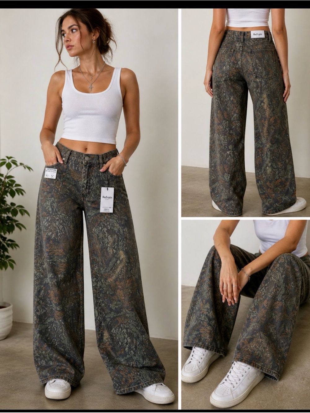 Refrain LA Printed Wide Leg Jeans Camo Nature Denim 17 33 NWT Trendy